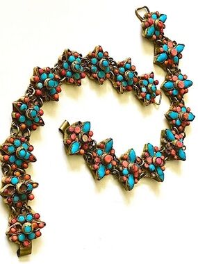Vintage  Turquoise & Coral Cuff Bracelet Set